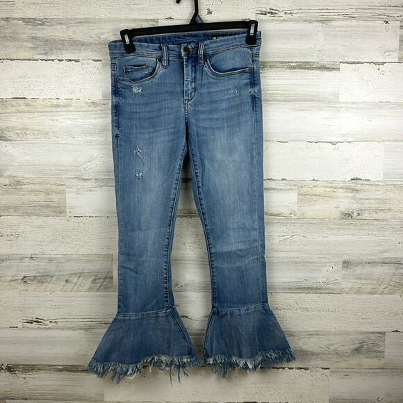 Blank NYC womens sz 27 fringed tulip hem flared cropped jeans - Picture 2 of 7